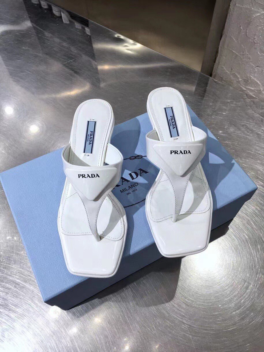 Prada Heeled Thong Sandals In White Brushed Leather