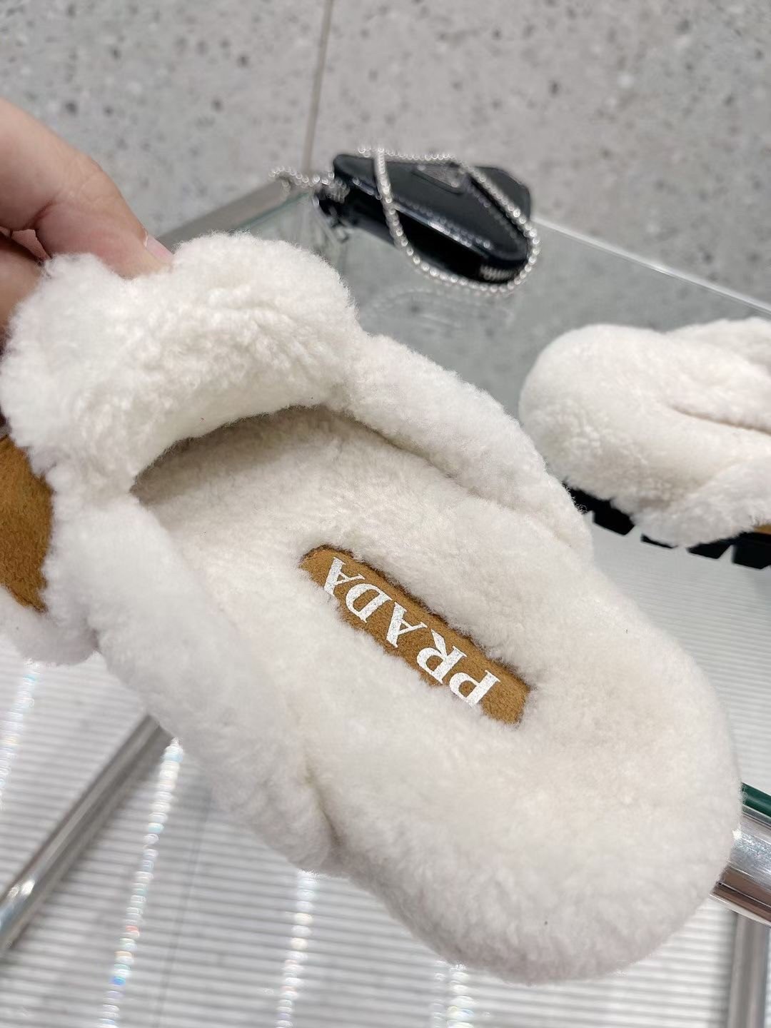 Prada Women's Slippers In Tan Shearling