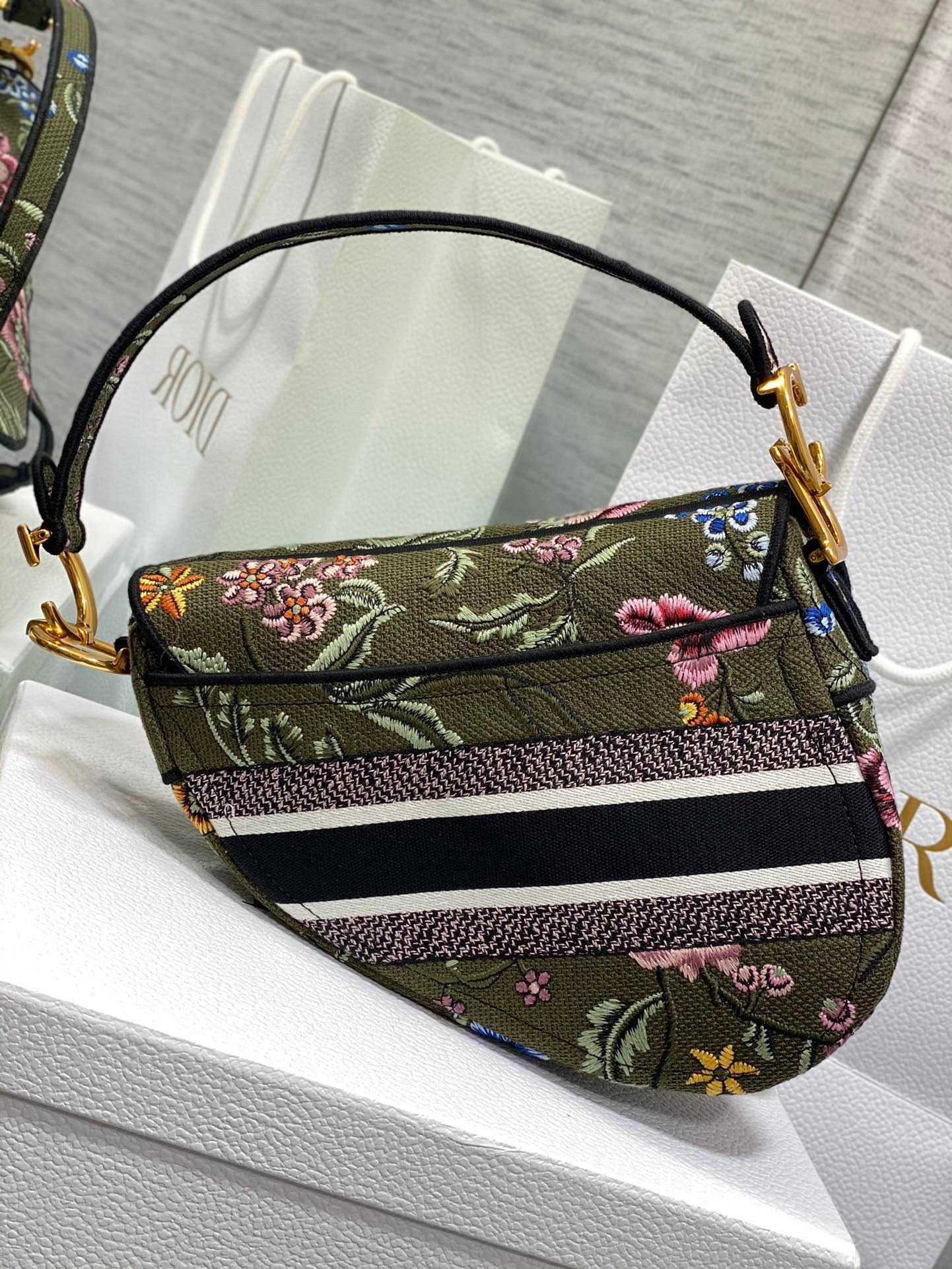 Dior Saddle Bag In Green Multicolor Dior Petites Fleurs Embroidery