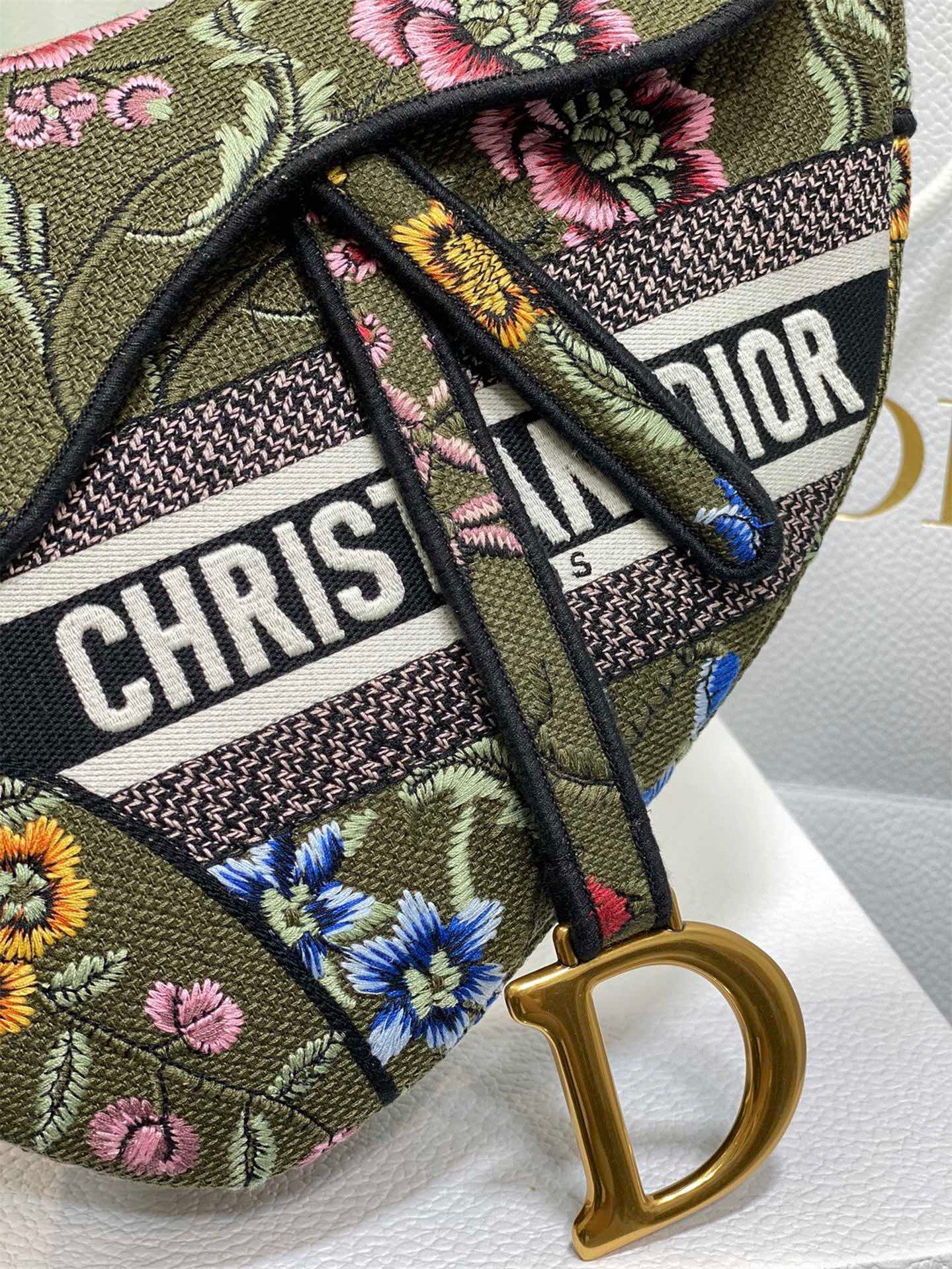 Dior Saddle Bag In Green Multicolor Dior Petites Fleurs Embroidery