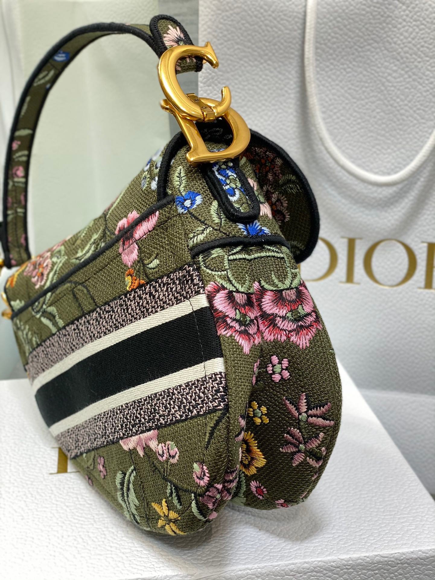 Dior Saddle Bag In Green Multicolor Dior Petites Fleurs Embroidery