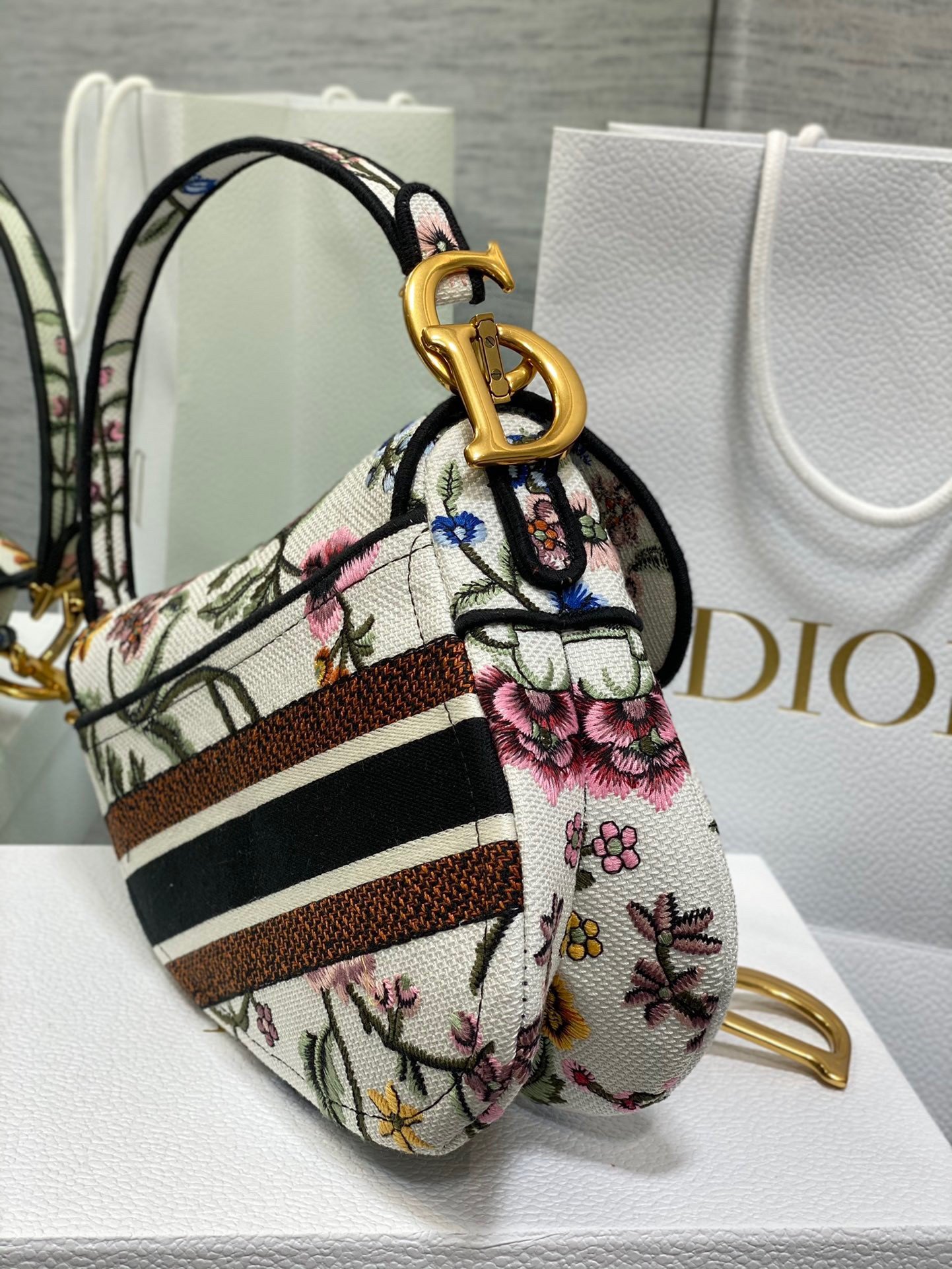 Dior Saddle Bag In White Multicolor Dior Petites Fleurs Embroidery