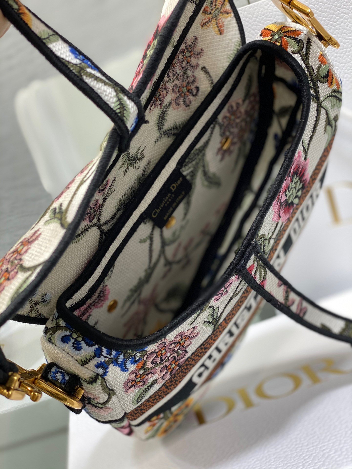 Dior Saddle Bag In White Multicolor Dior Petites Fleurs Embroidery