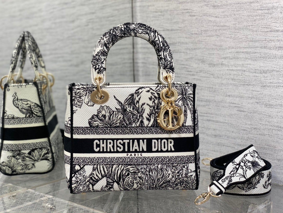 Dior Lady D-Lite Medium Bag In White Toile de Jouy Voyage Embroidery