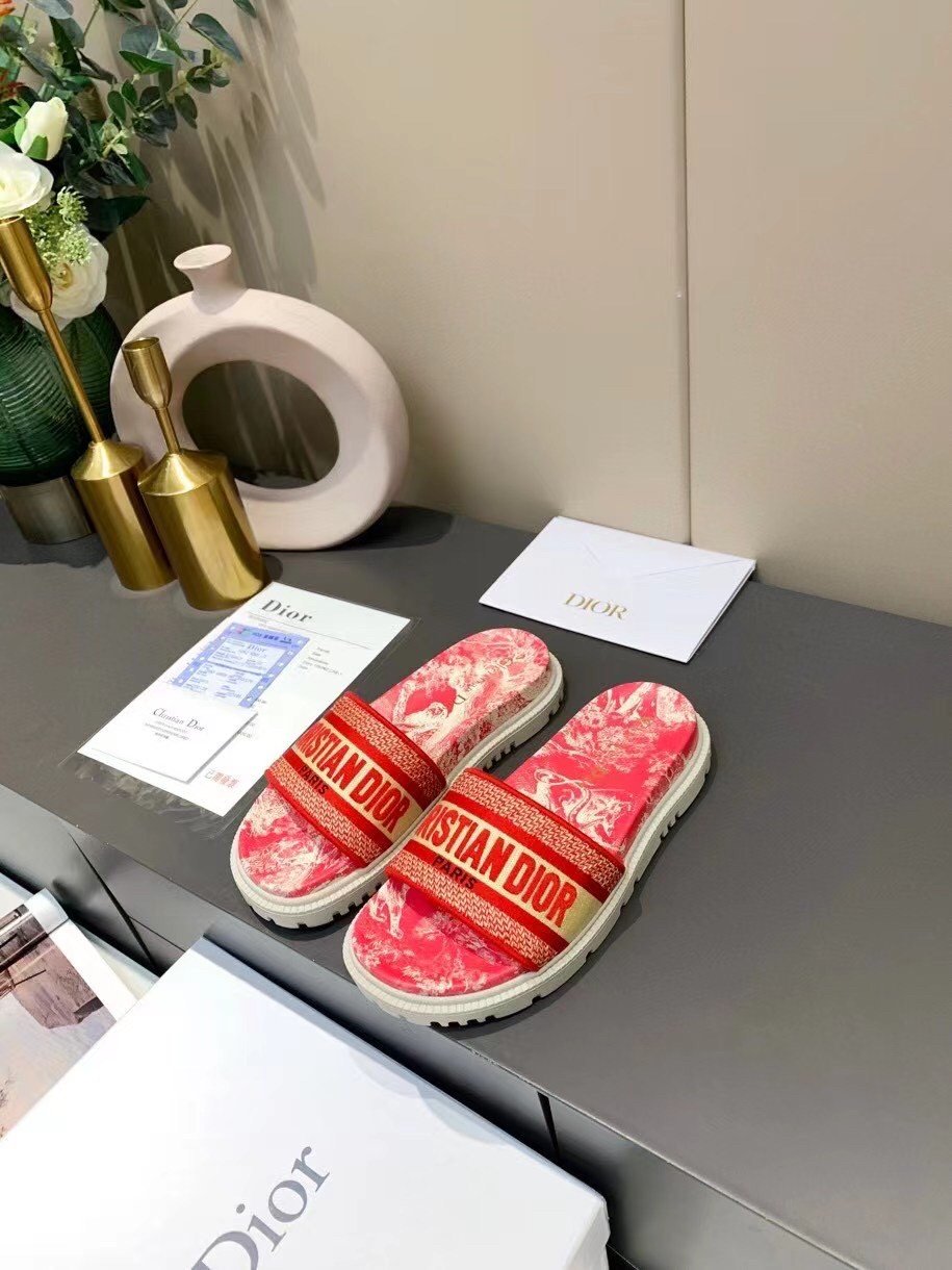 Dior Dway Slides In Red Toile de Jouy Flowers Embroidered Cotton