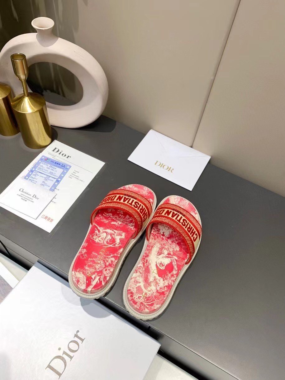 Dior Dway Slides In Red Toile de Jouy Flowers Embroidered Cotton