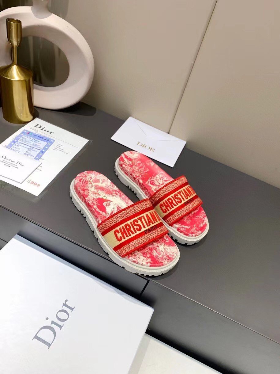 Dior Dway Slides In Red Toile de Jouy Flowers Embroidered Cotton