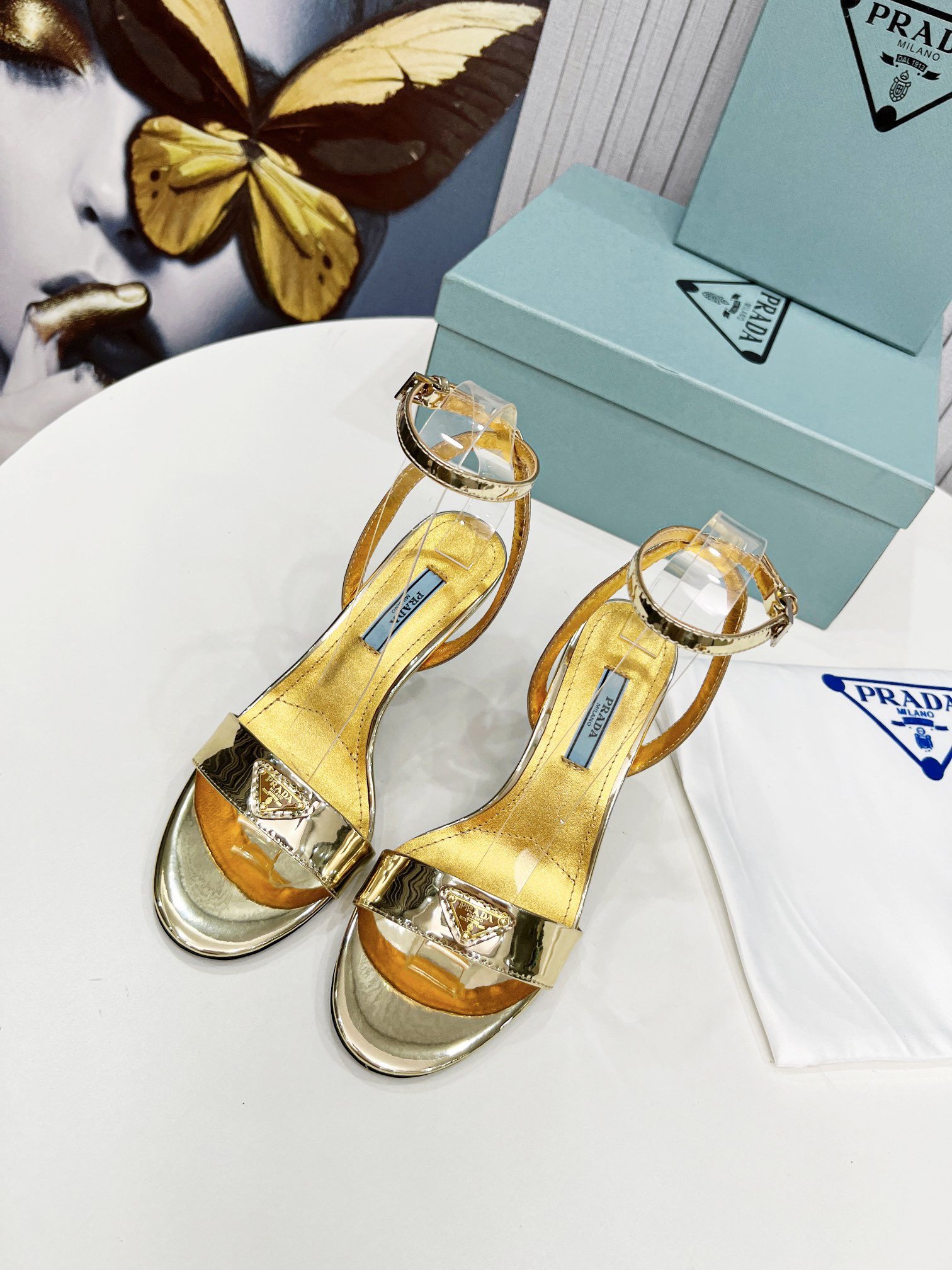 Prada Heel Sandals 85mm In Gold Metallic Leather