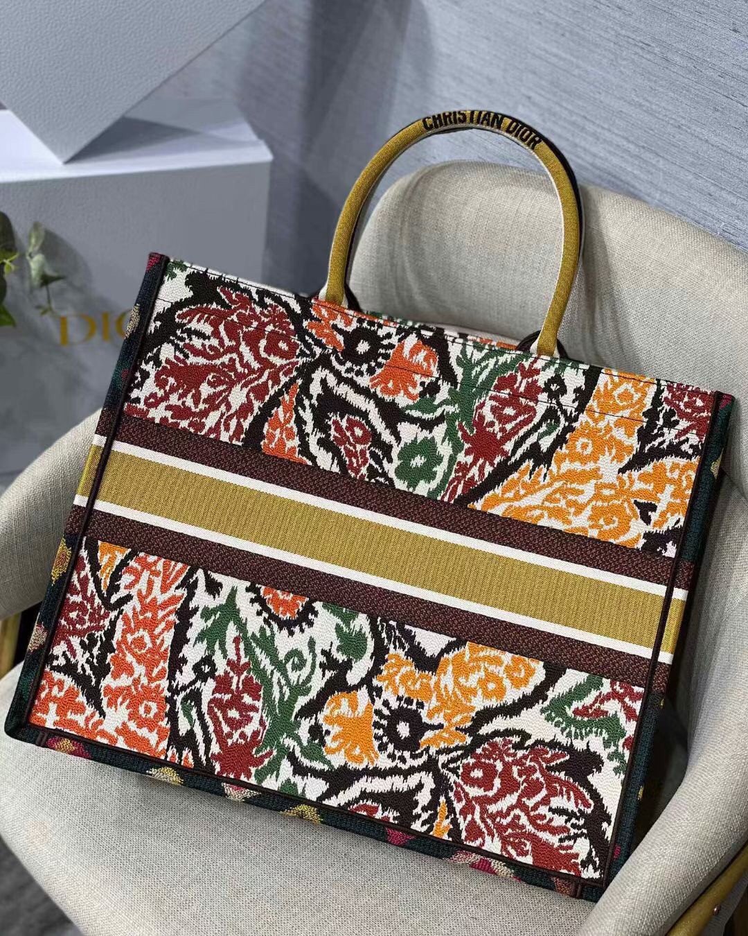 Dior Large Book Tote Bag In Yellow Multicolor Dior Paisley Embroidery