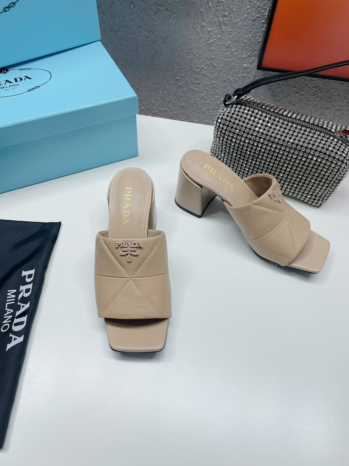 Prada Heeled Slide Sandals 65mm In Beige Nappa Leather