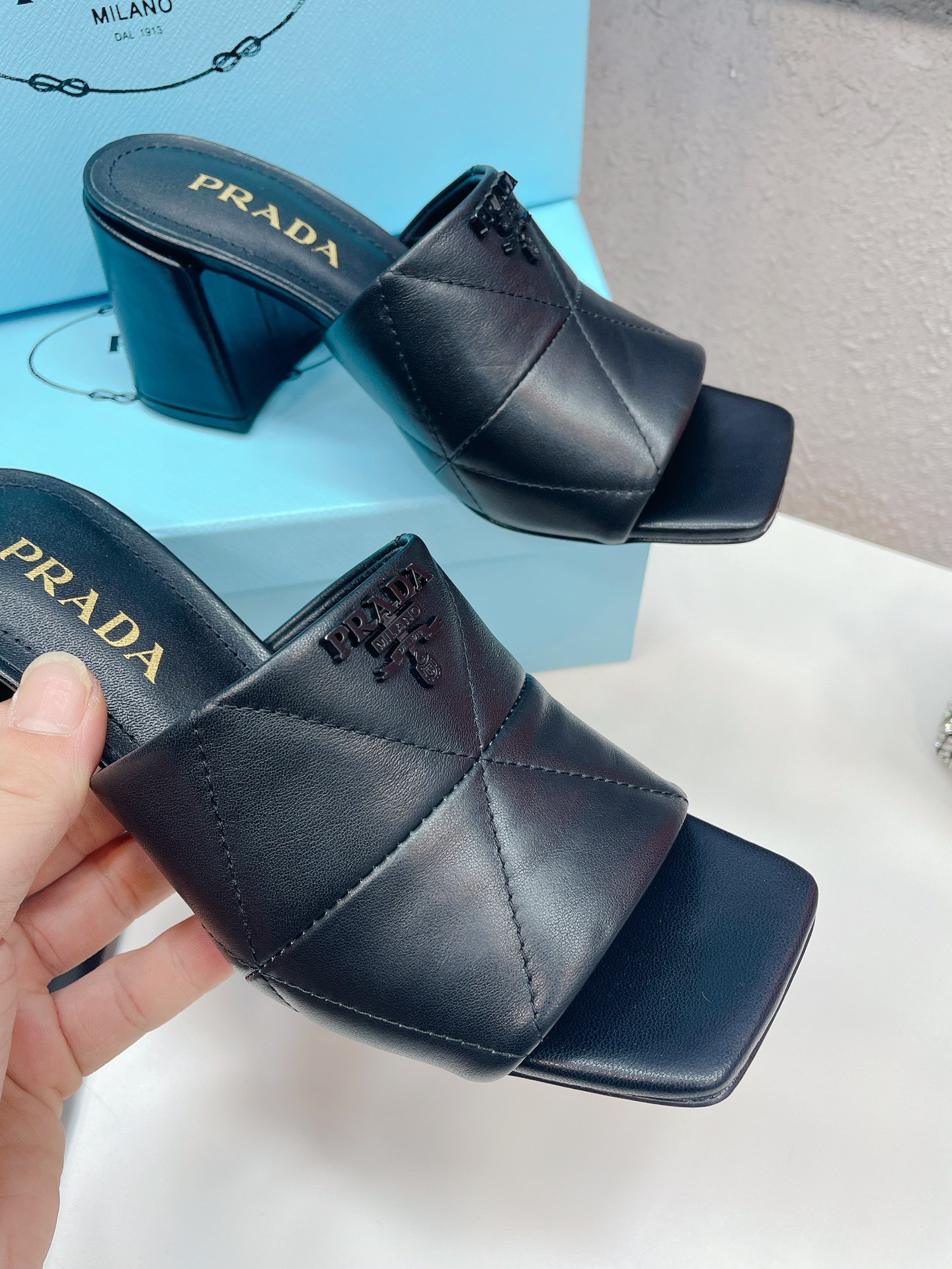 Prada Heeled Slide Sandals 65mm In Black Nappa Leather