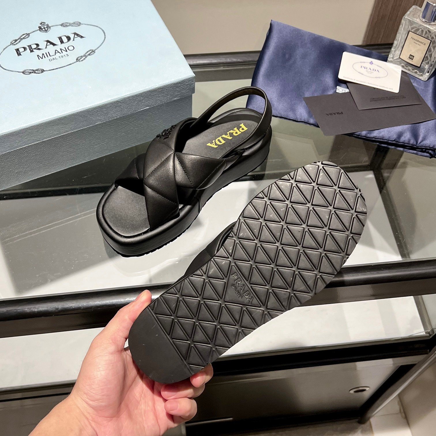 Prada Flatform Sandals In Black Quilted Nappa Leather