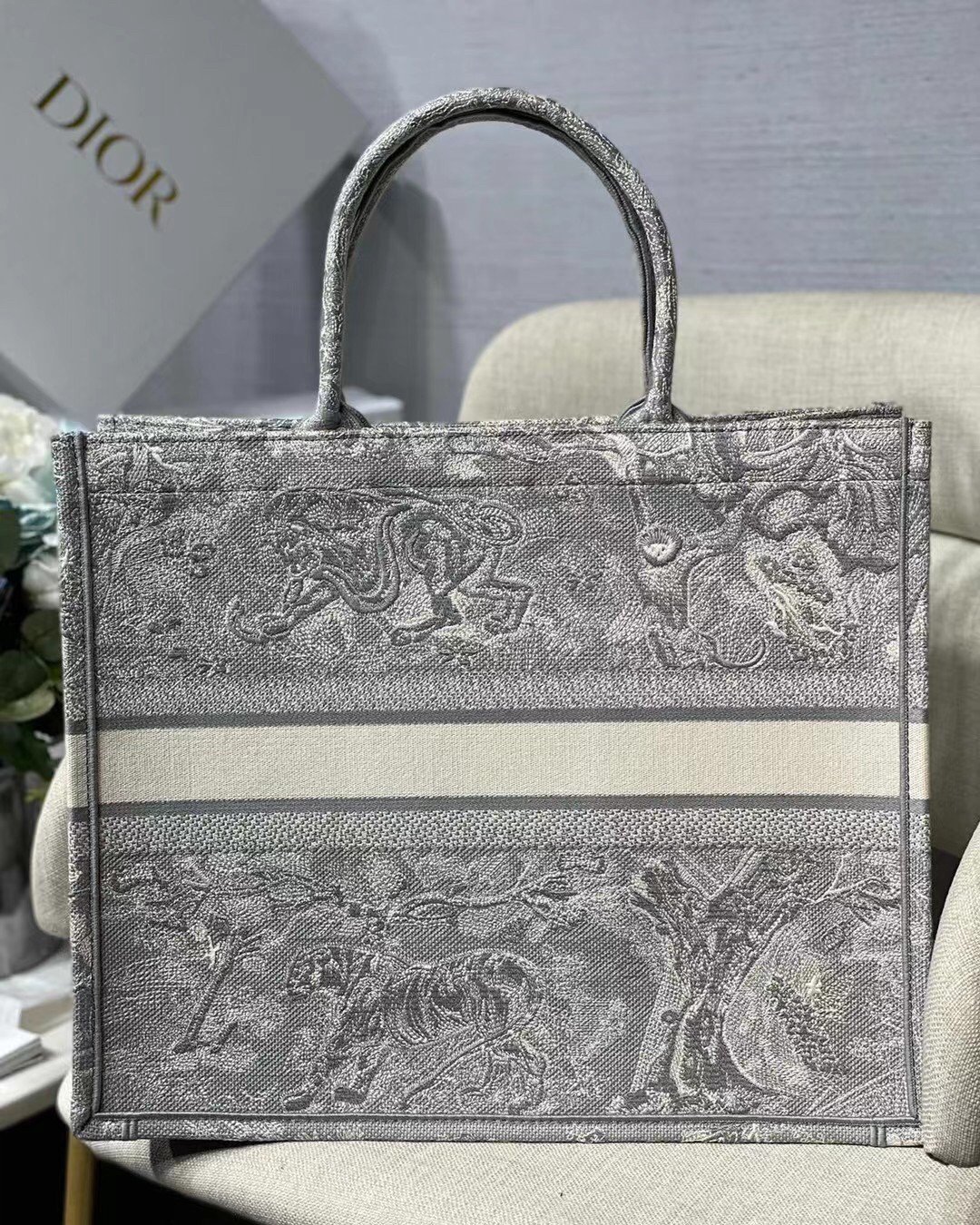 Dior Large Book Tote Bag In Gray Toile de Jouy Reverse Embroidery