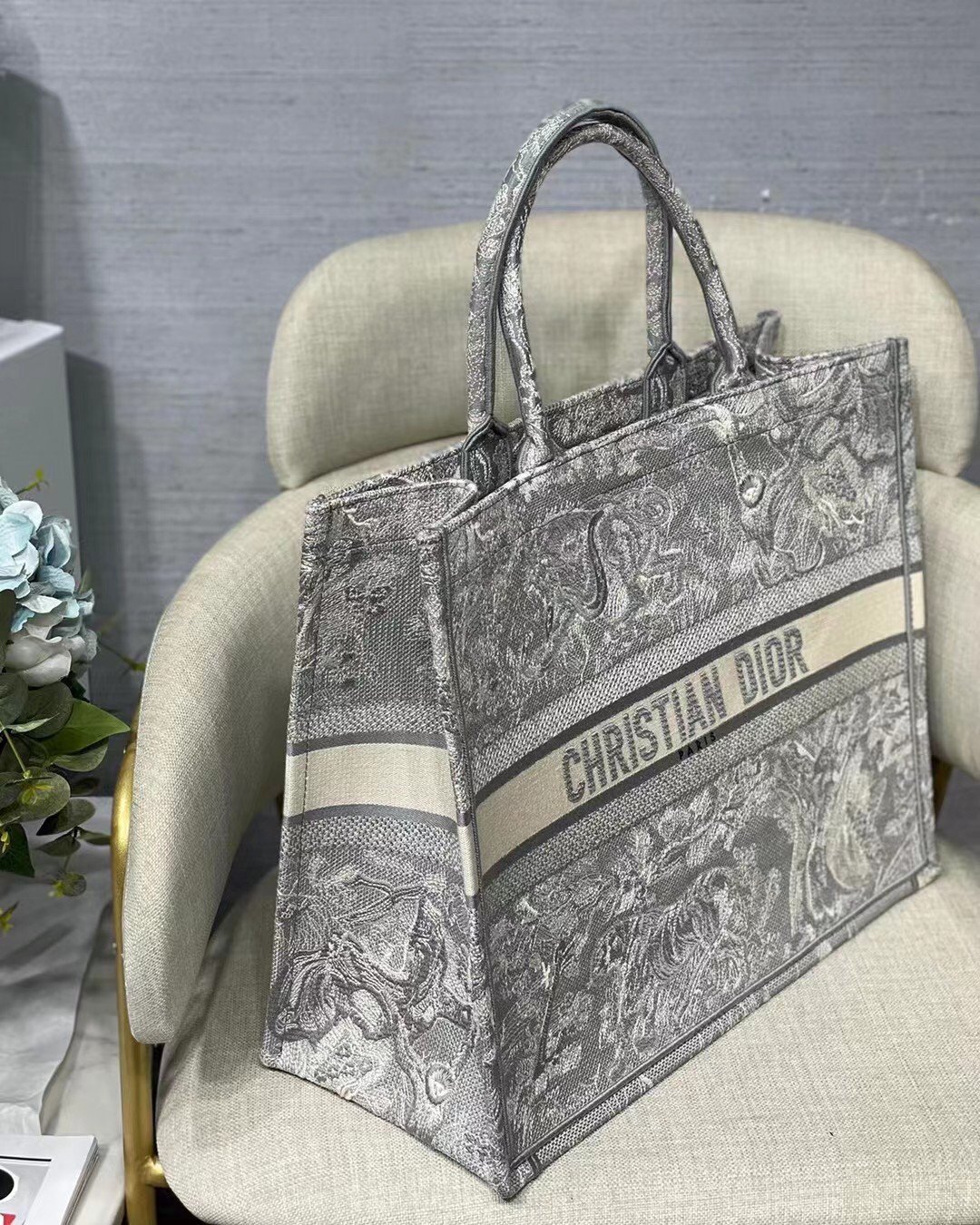 Dior Large Book Tote Bag In Gray Toile de Jouy Reverse Embroidery