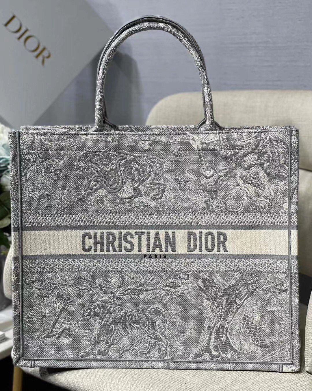 Dior Large Book Tote Bag In Gray Toile de Jouy Reverse Embroidery