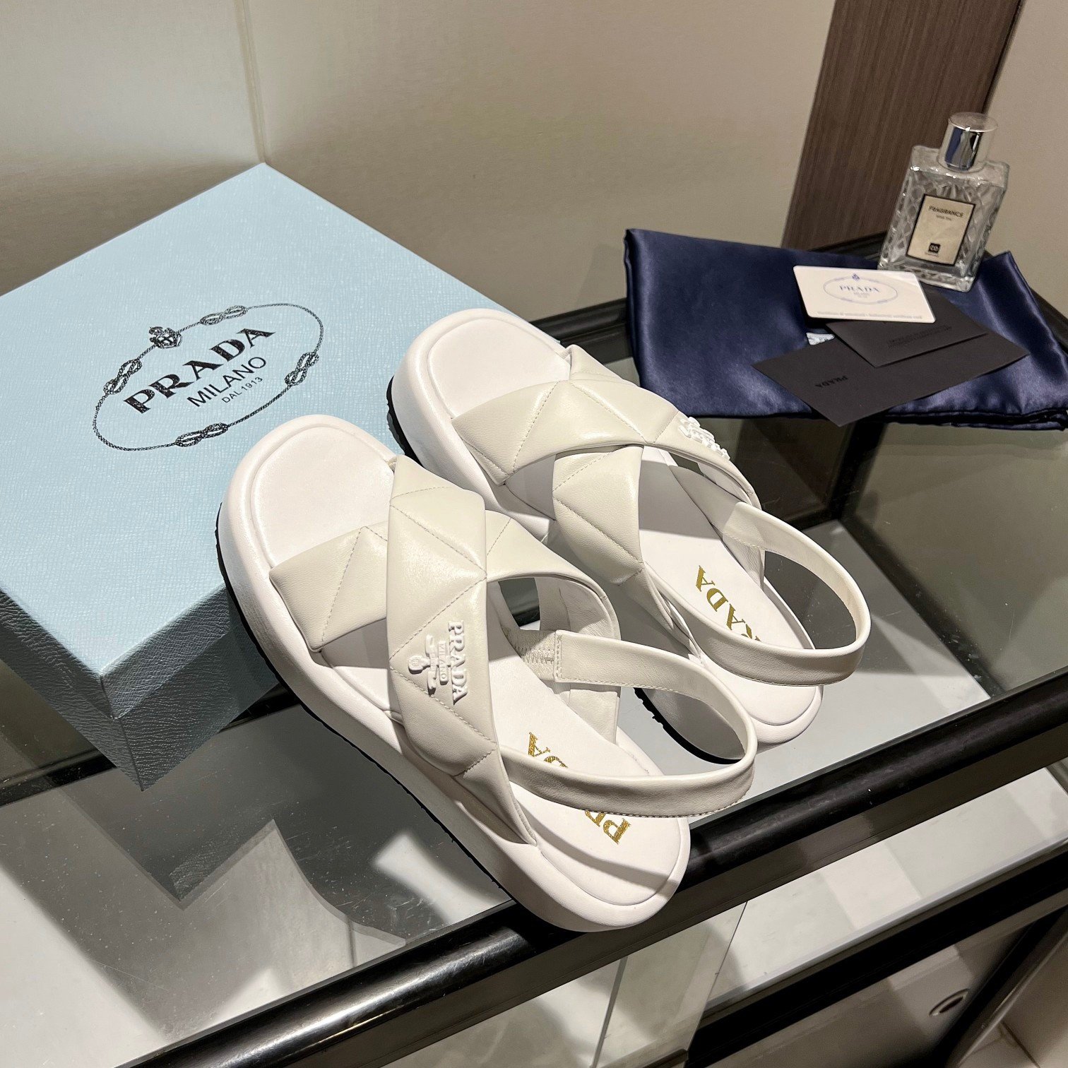 Prada Flatform Sandals In White Quilted Nappa Leather