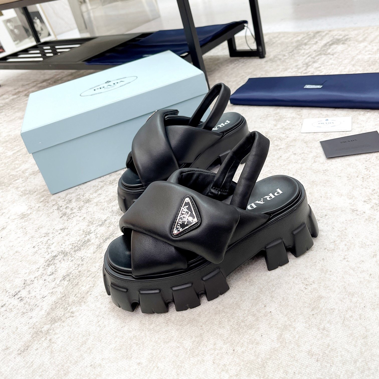 Prada Monolith Padded Sandals In Black Nappa Leather