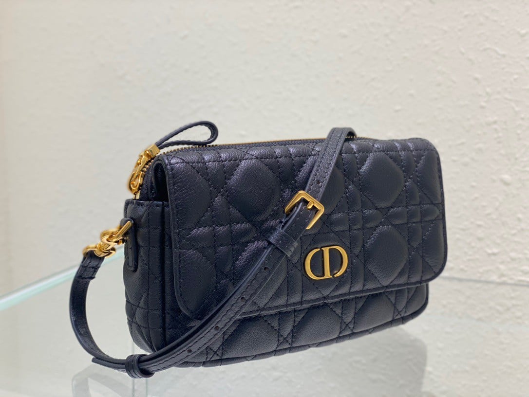 Dior Caro Pouch In Black Cannage Calfskin