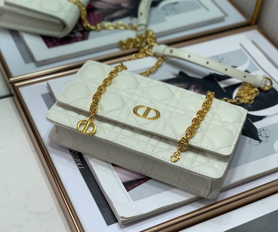 Dior Caro Chain Pouch In White Cannage Calfskin