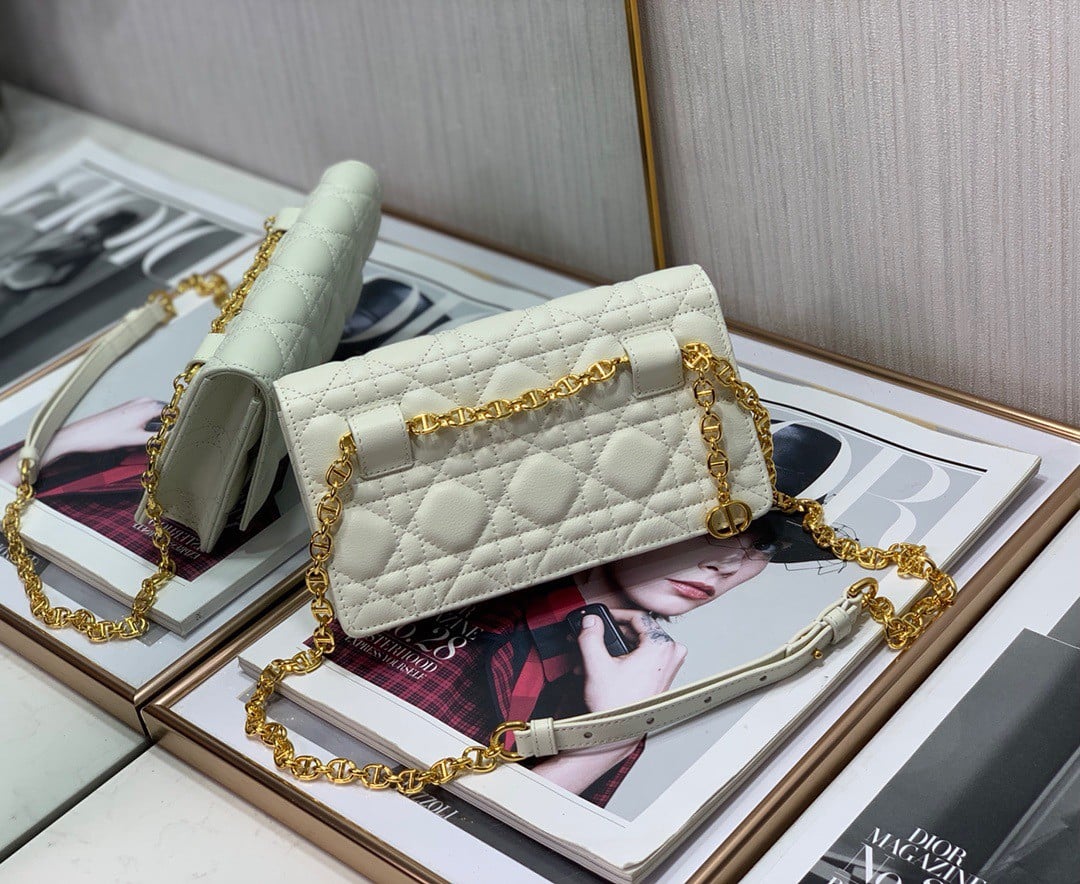 Dior Caro Chain Pouch In White Cannage Calfskin