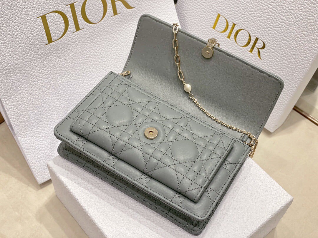 Dior Lady Dior Chain Pouch In Grey Cannage Lambskin