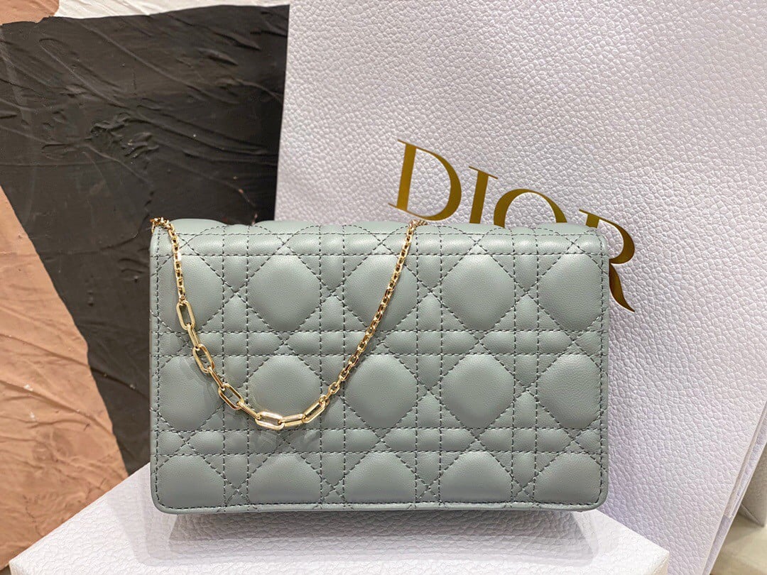 Dior Lady Dior Chain Pouch In Grey Cannage Lambskin