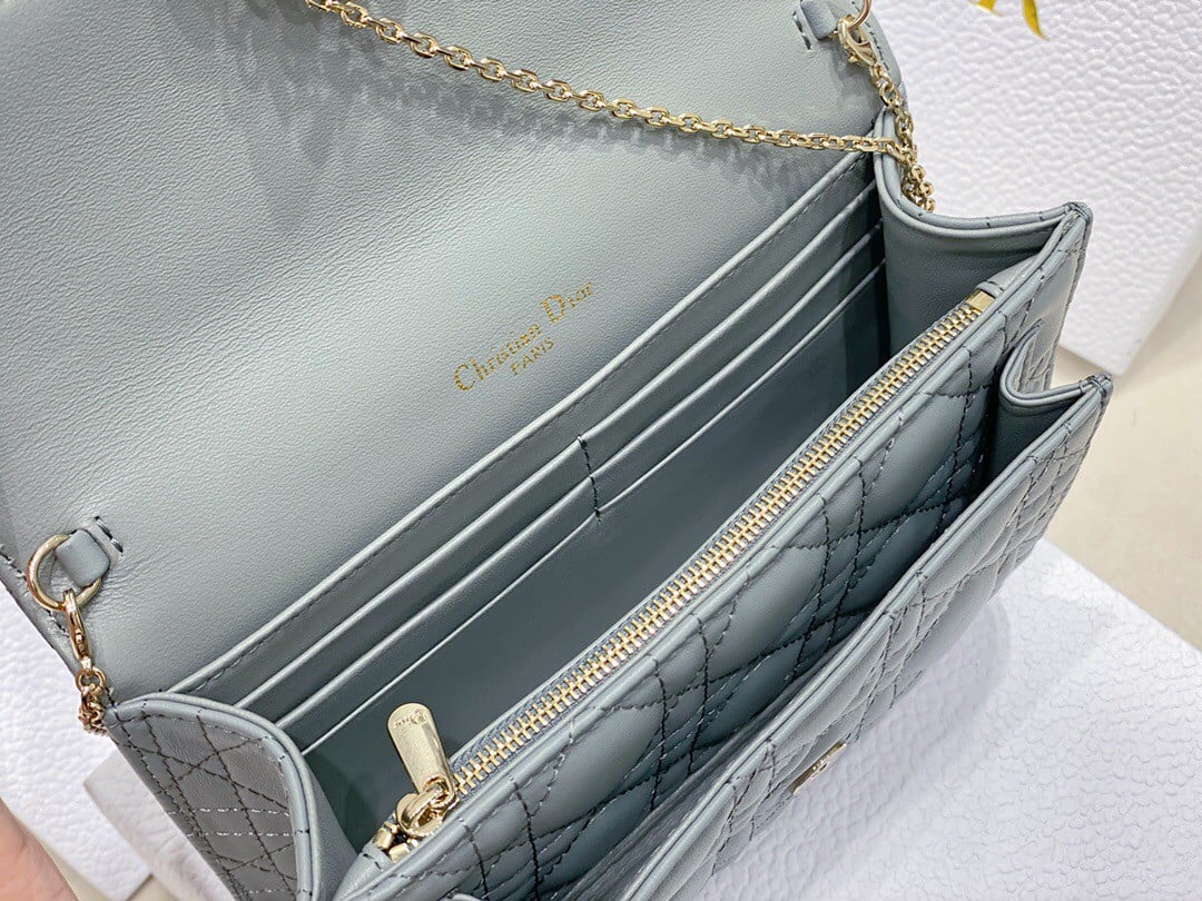 Dior Lady Dior Chain Pouch In Grey Cannage Lambskin