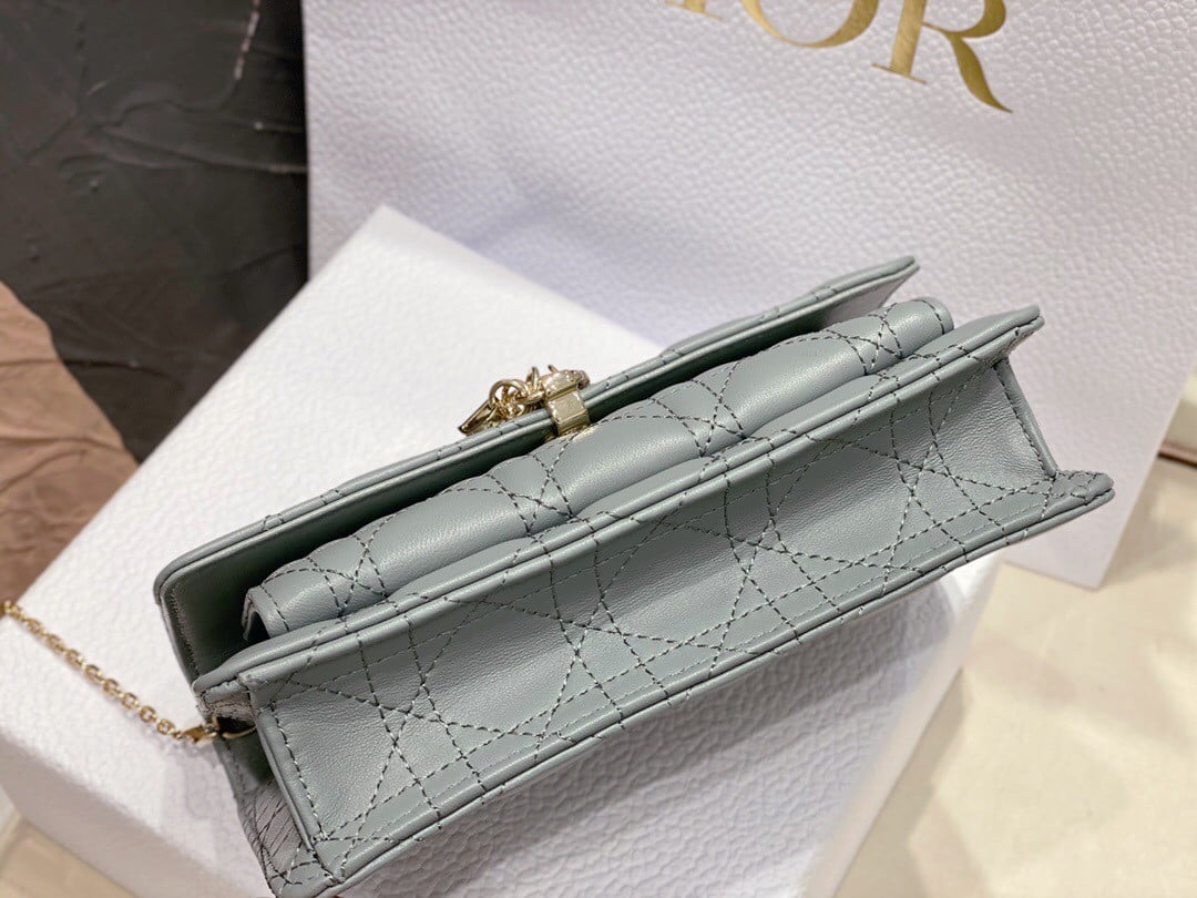 Dior Lady Dior Chain Pouch In Grey Cannage Lambskin