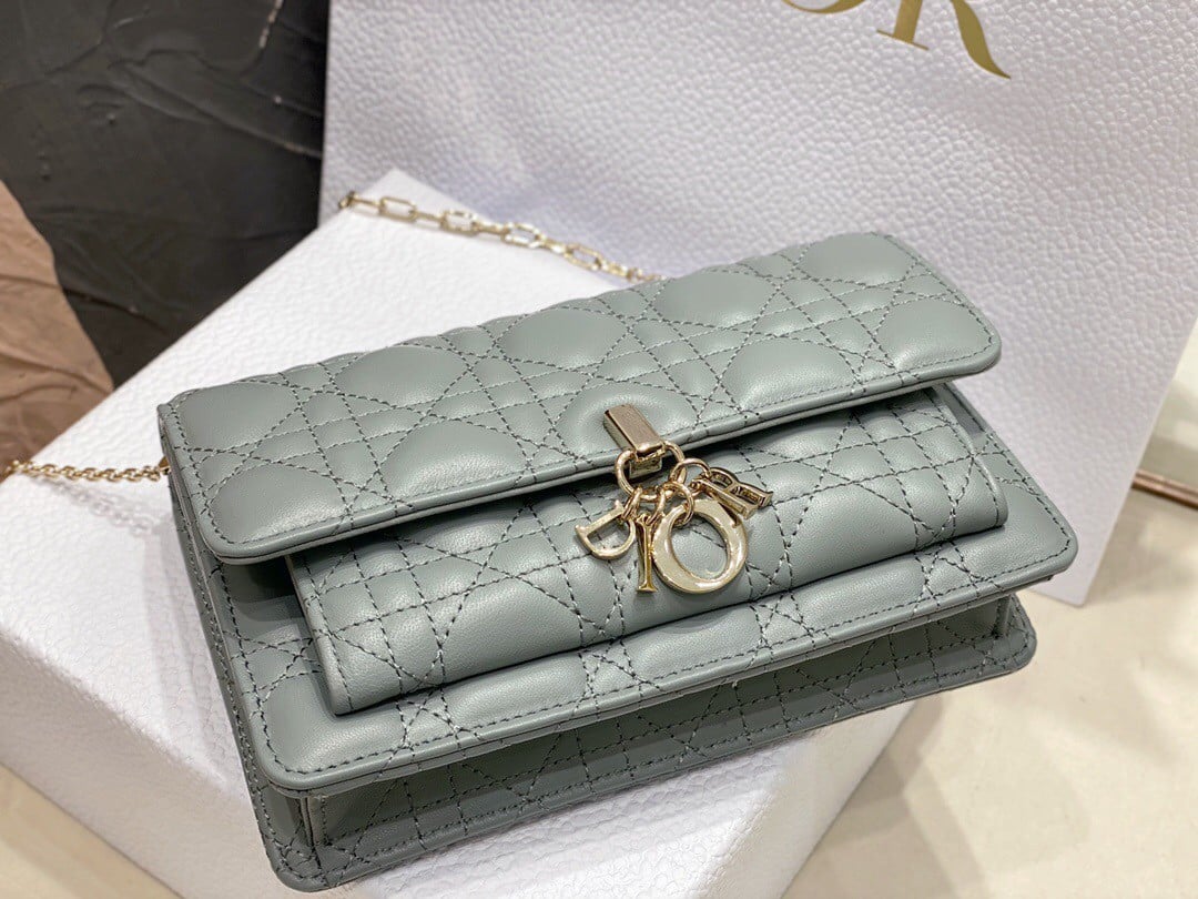 Dior Lady Dior Chain Pouch In Grey Cannage Lambskin