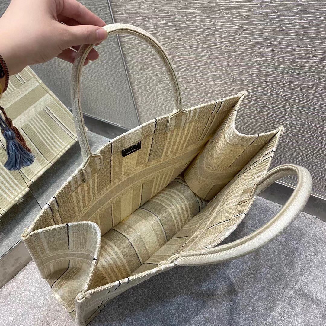 Dior Large Book Tote Bag In Beige Stripes Embroidery