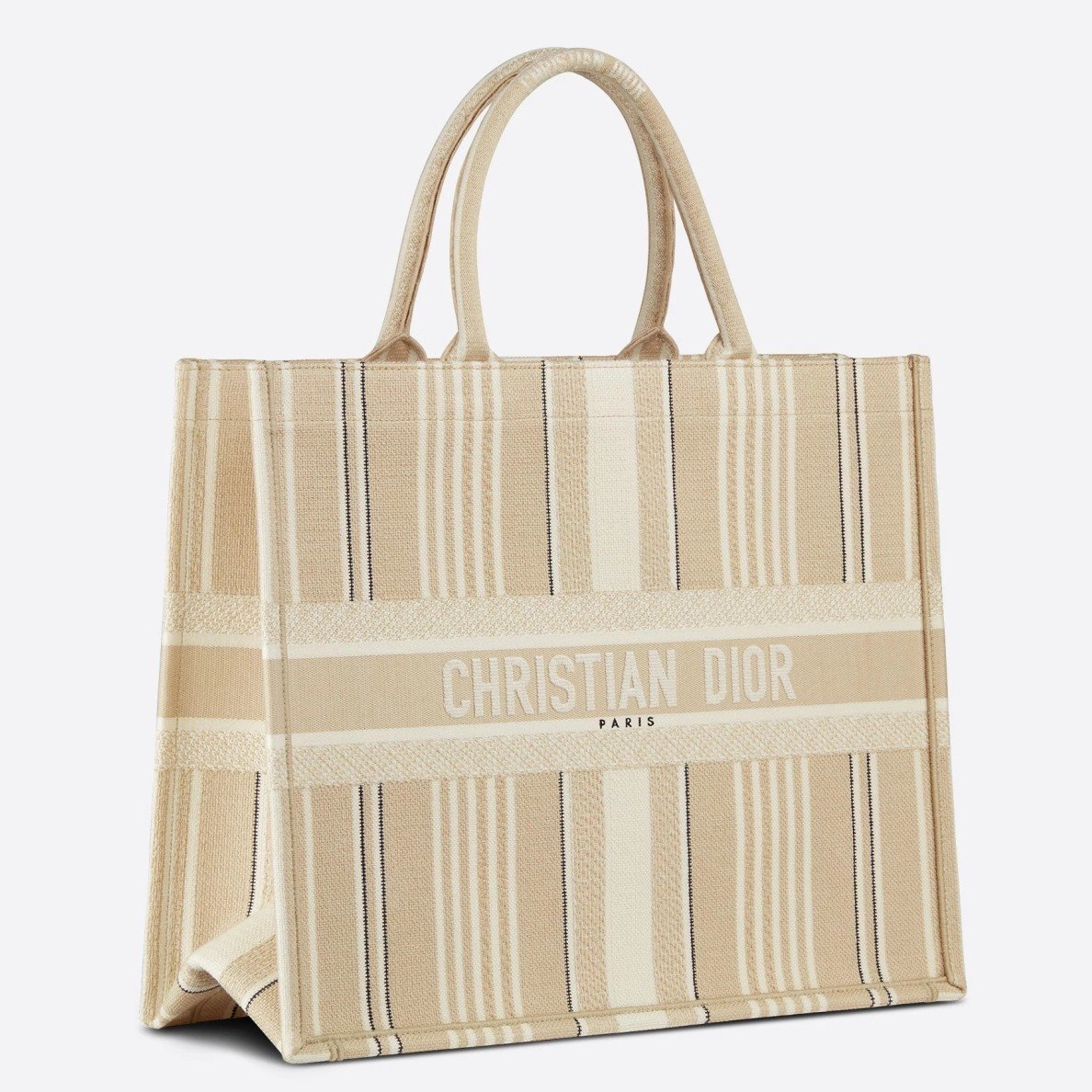 Dior Large Book Tote Bag In Beige Stripes Embroidery