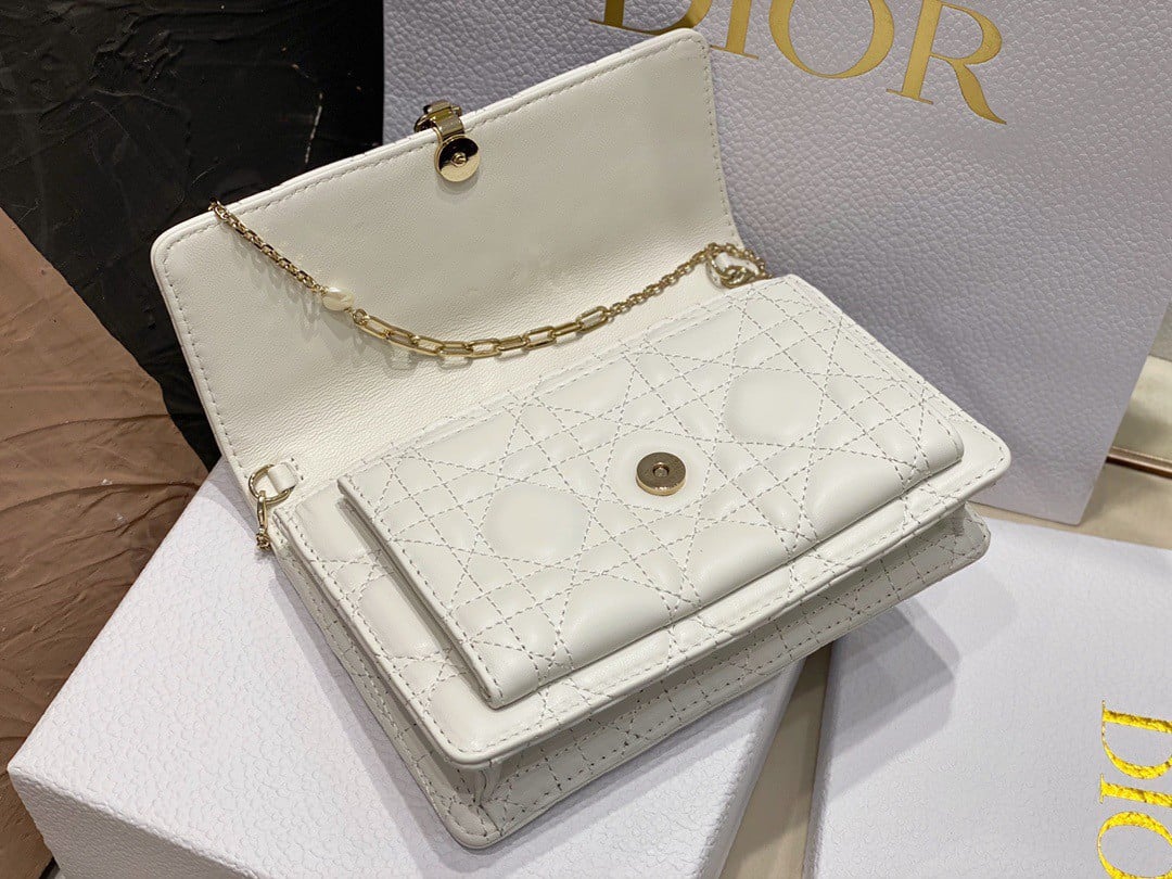 Dior Lady Dior Chain Pouch In White Cannage Lambskin