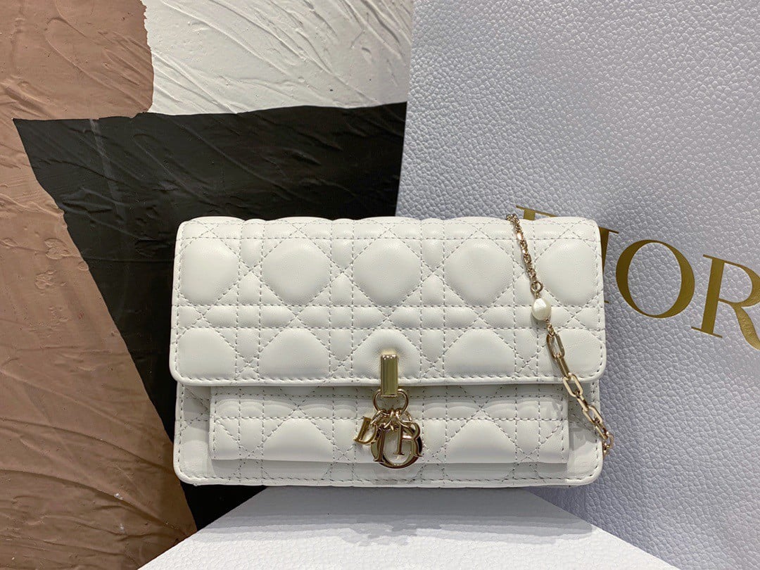 Dior Lady Dior Chain Pouch In White Cannage Lambskin