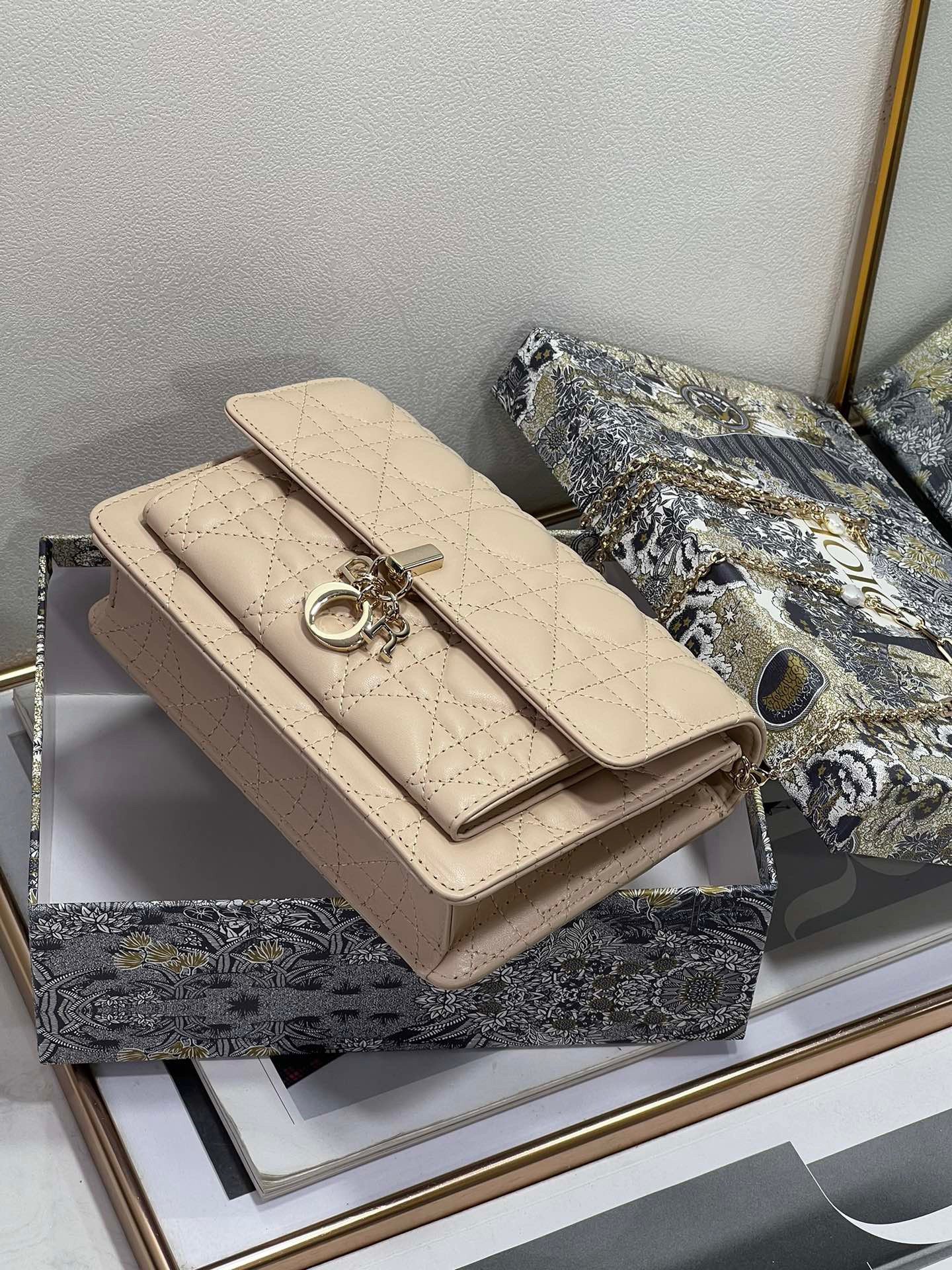 Dior Lady Dior Chain Pouch In Beige Cannage Lambskin