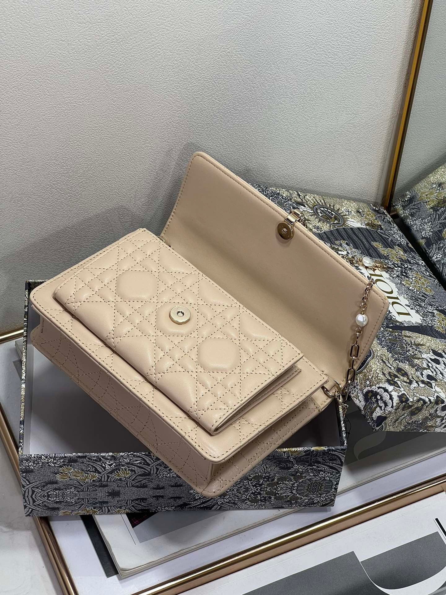 Dior Lady Dior Chain Pouch In Beige Cannage Lambskin