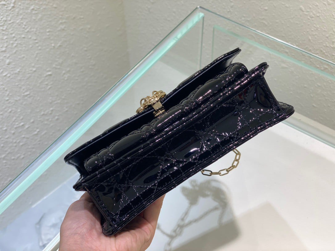 Dior Lady Dior Chain Pouch In Black Patent Calfskin