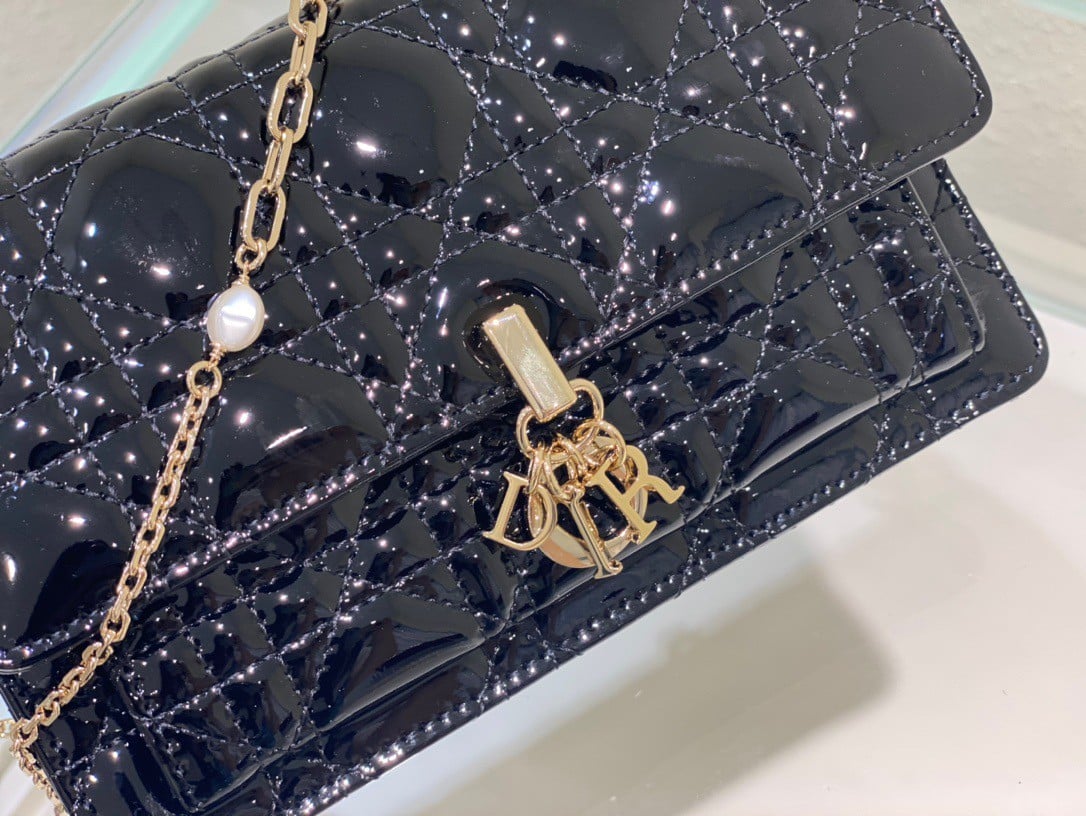 Dior Lady Dior Chain Pouch In Black Patent Calfskin