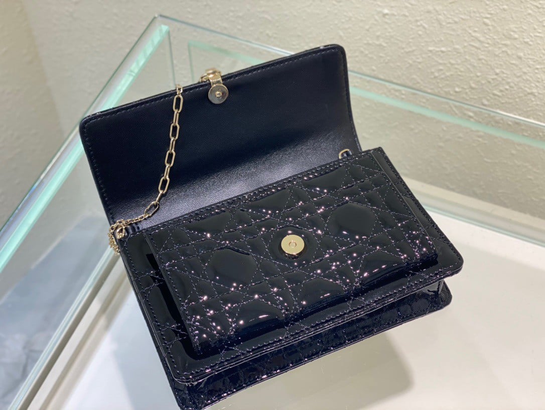 Dior Lady Dior Chain Pouch In Black Patent Calfskin