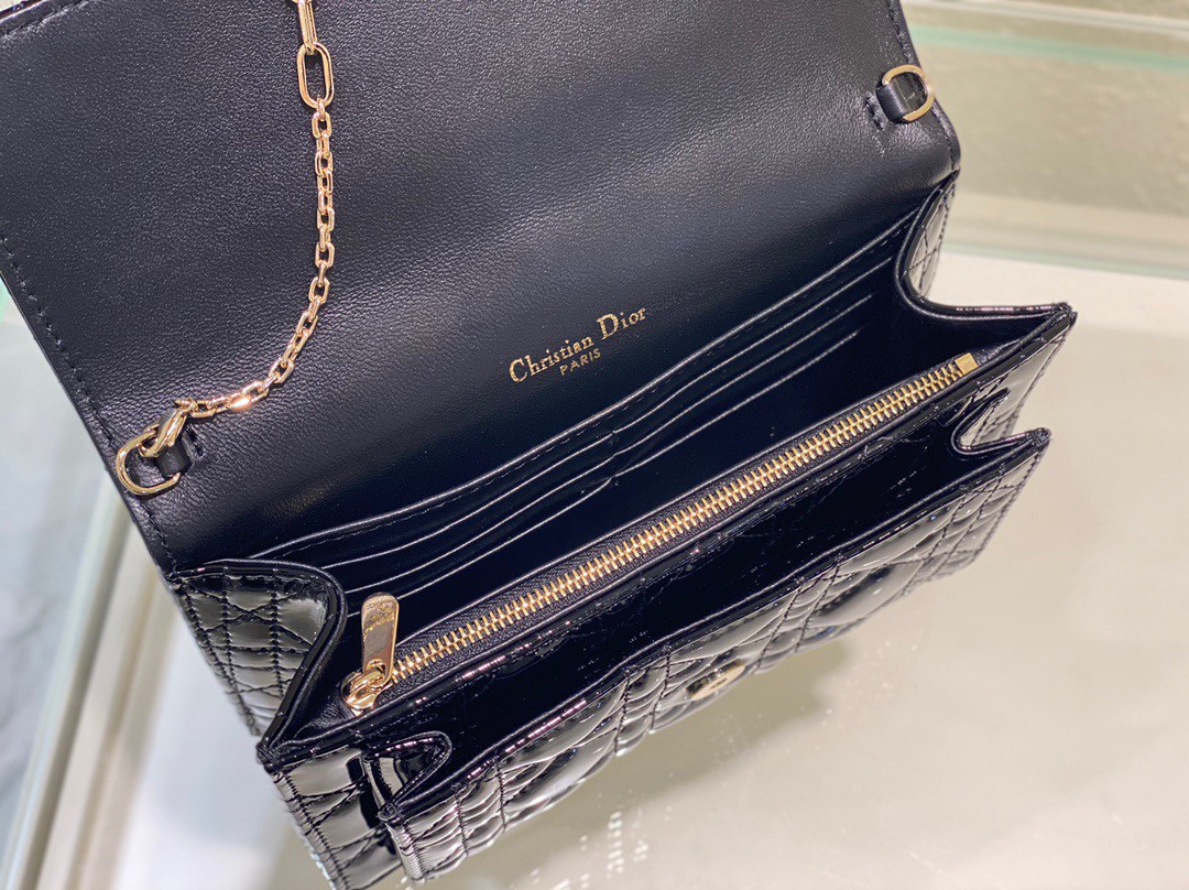 Dior Lady Dior Chain Pouch In Black Patent Calfskin