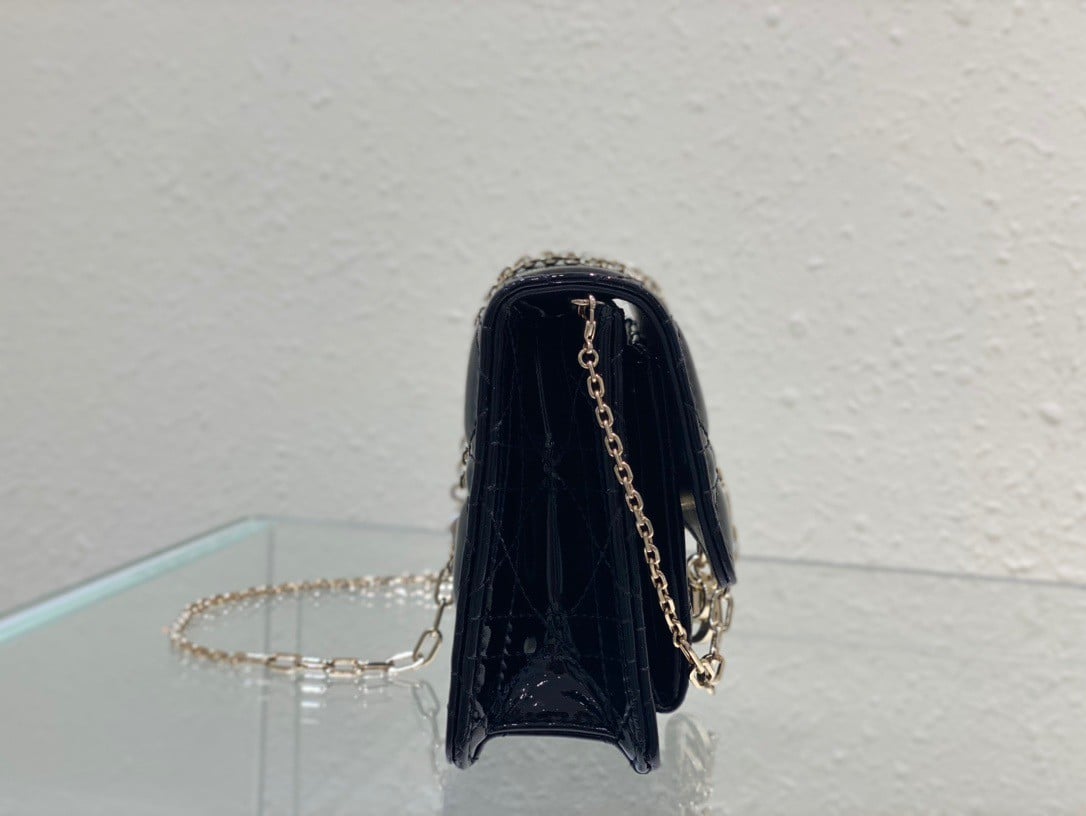 Dior Lady Dior Chain Pouch In Black Patent Calfskin