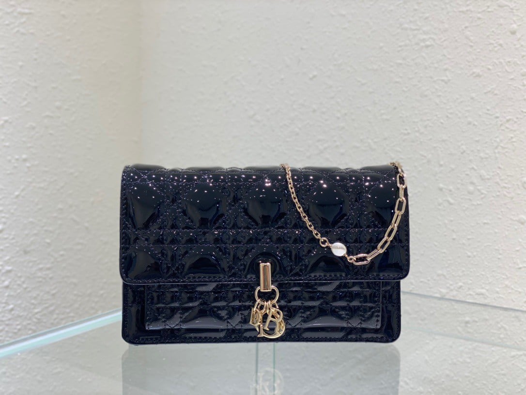 Dior Lady Dior Chain Pouch In Black Patent Calfskin