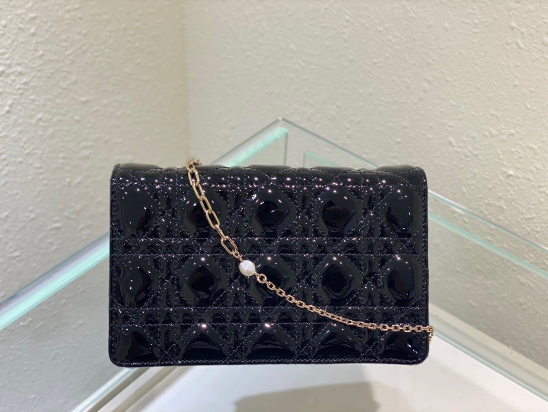 Dior Lady Dior Chain Pouch In Black Patent Calfskin