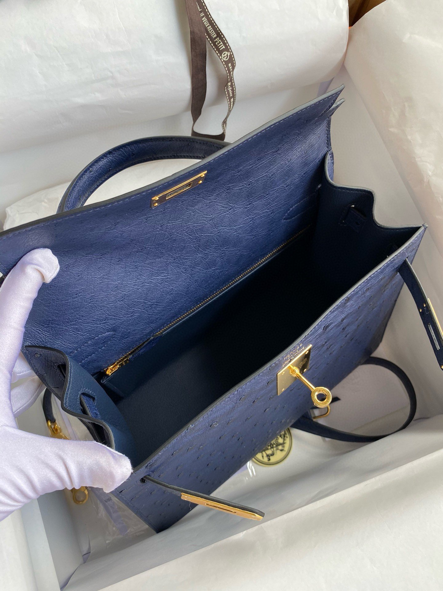 Hermes Kelly Sellier 28 Handmade Bag In Blue Iris Ostrich Leather