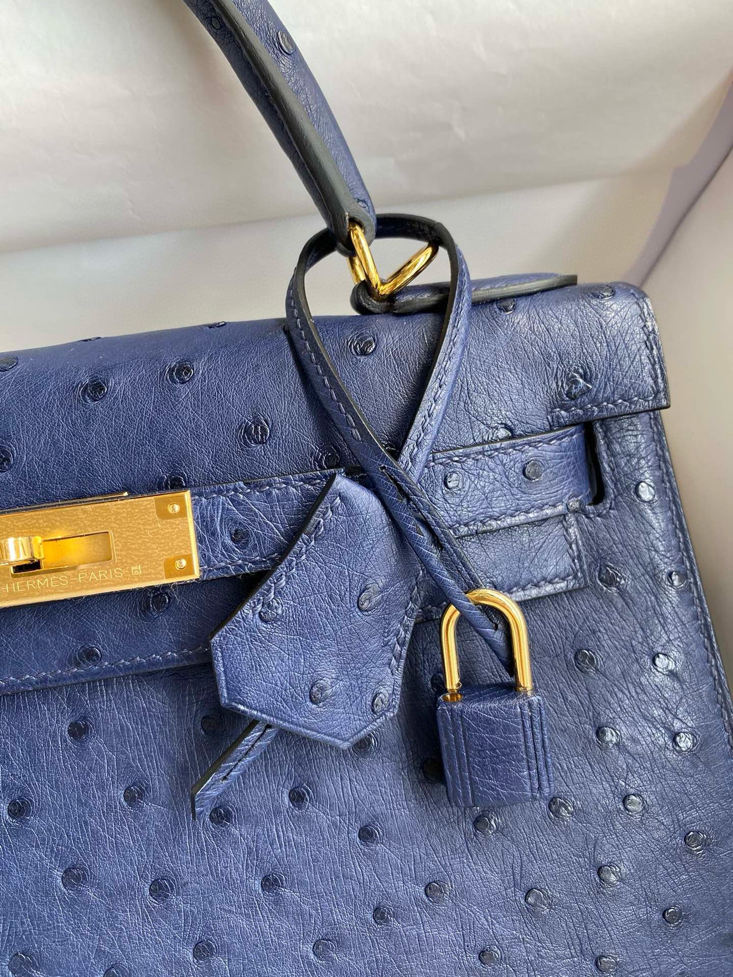 Hermes Kelly Sellier 28 Handmade Bag In Blue Iris Ostrich Leather