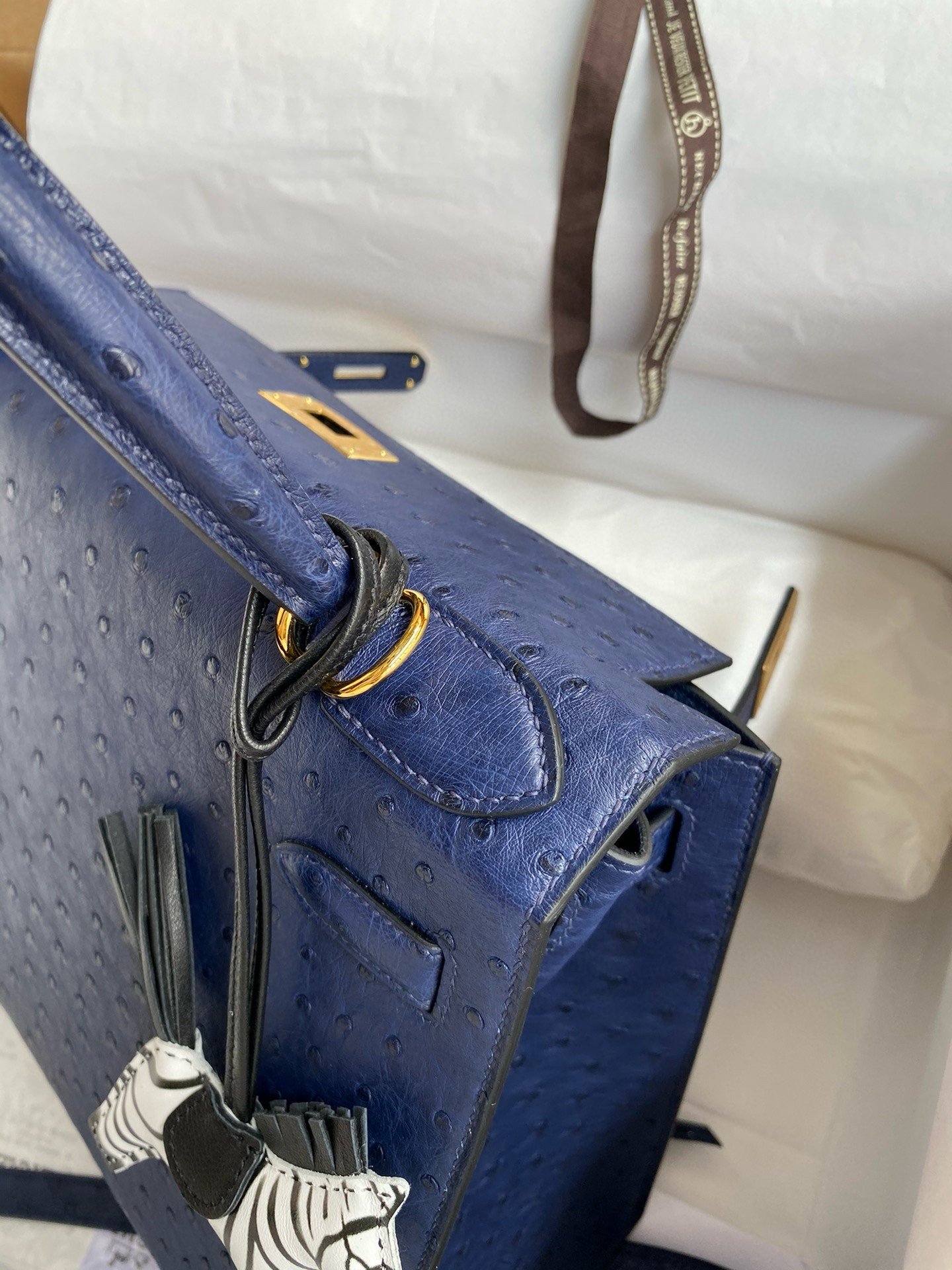 Hermes Kelly Sellier 28 Handmade Bag In Blue Iris Ostrich Leather