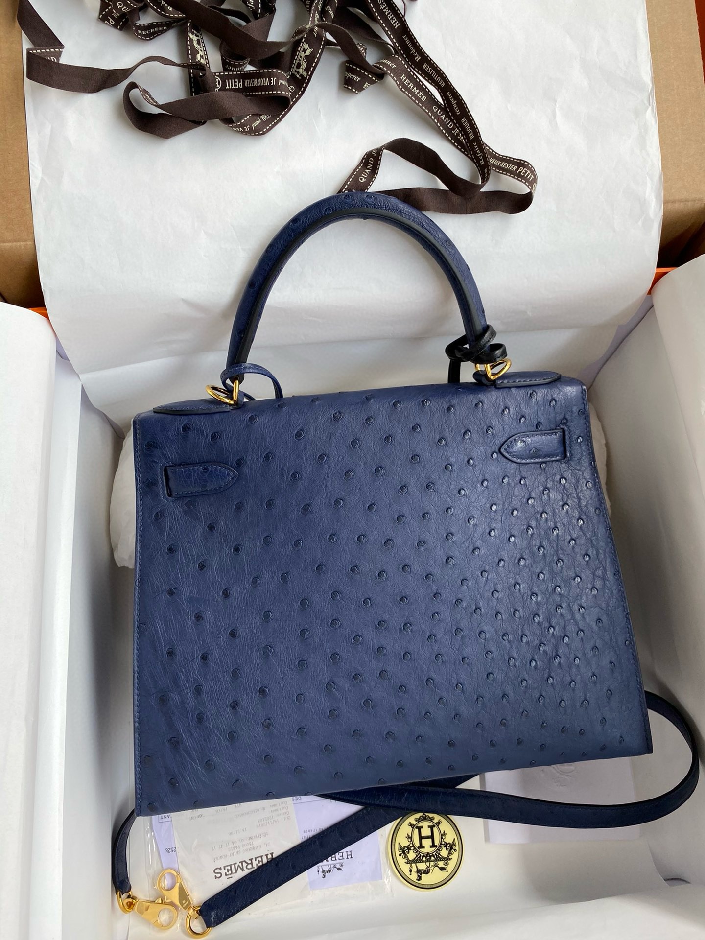 Hermes Kelly Sellier 28 Handmade Bag In Blue Iris Ostrich Leather