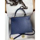 Hermes Kelly Sellier 28 Handmade Bag In Blue Iris Ostrich Leather