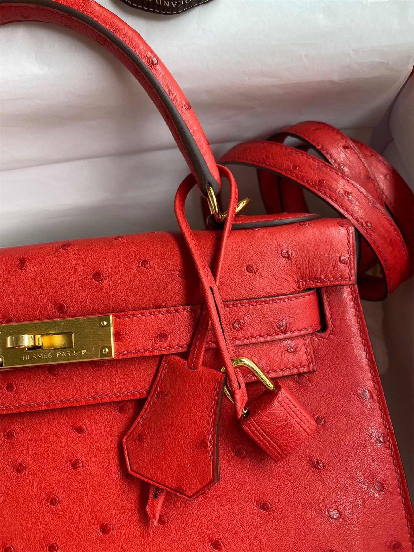 Hermes Kelly Sellier 28 Handmade Bag In Red Ostrich Leather