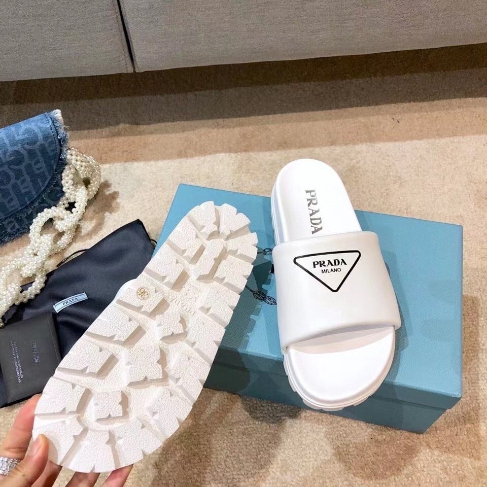 Prada White Leather Slides with Printed Triangle Logo