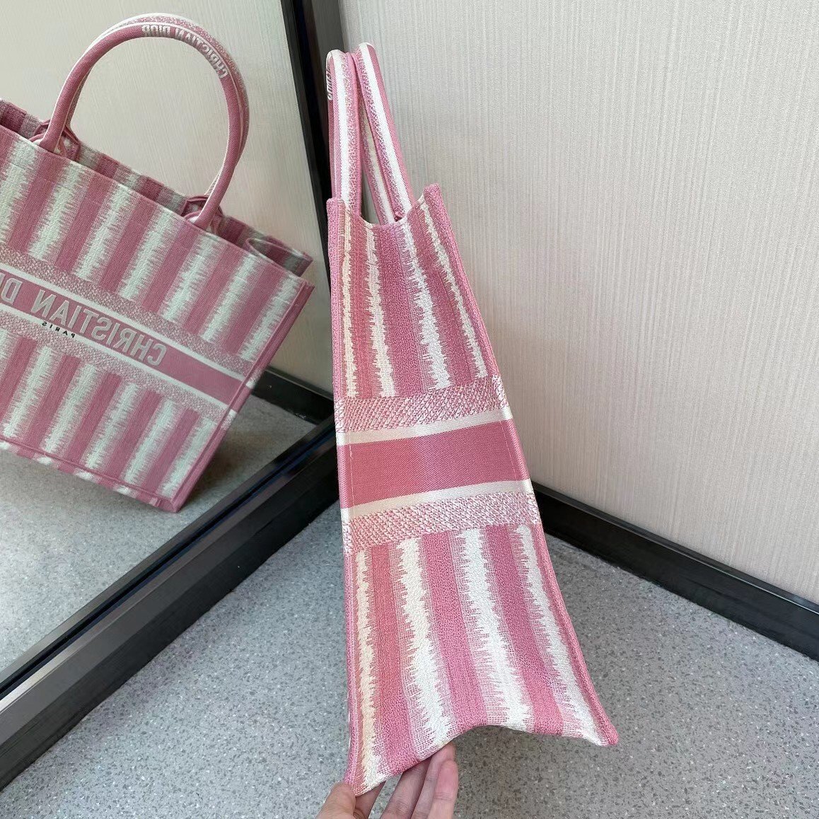 Dior Large Book Tote Bag In Pink Stripes Embroidery